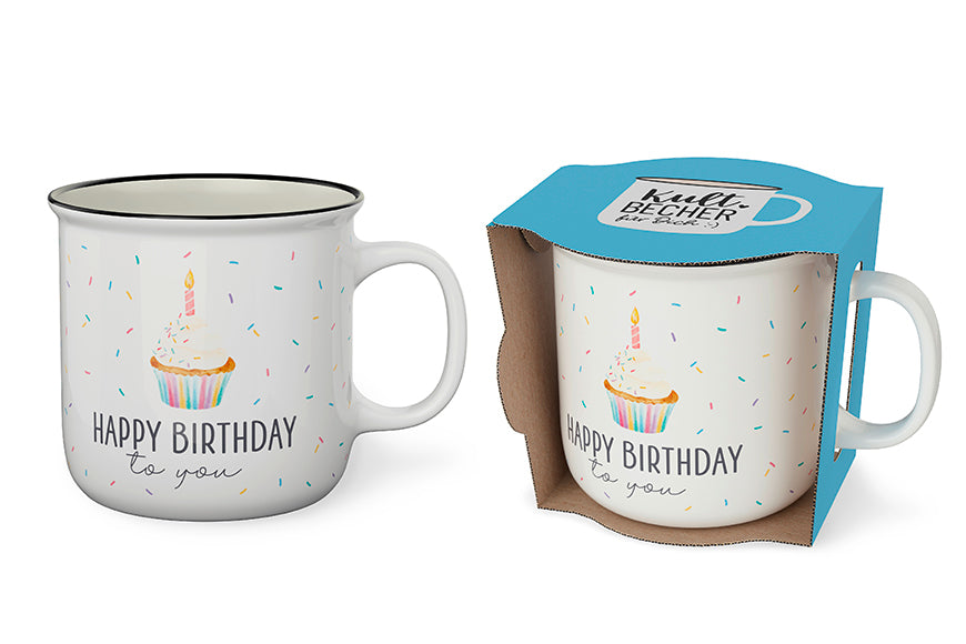 Kultbecher „Happy Birthday to you“ von Geschenk für Dich – weißer Geburtstagsbecher mit Konfetti & Muffin, beidseitig bedruck
