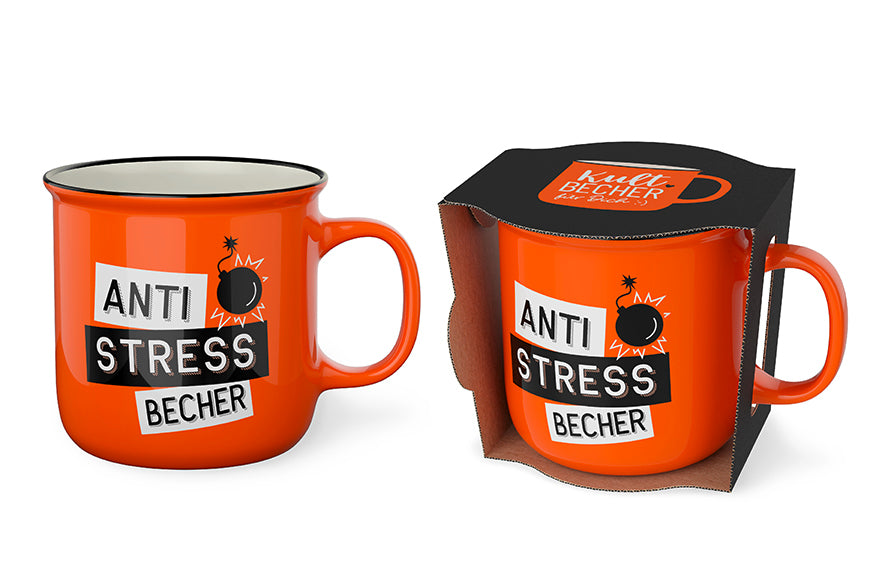 Kultbecher „Anti Stress Becher“ von Geschenk für Dich – orangefarbener Becher aus New Bone China mit beidseitigem Spruch