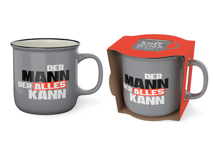 Kultbecher „Der Mann der alles kann“ von Geschenk für Dich – grauer New-Bone-China-Becher mit beidseitigem Spruch