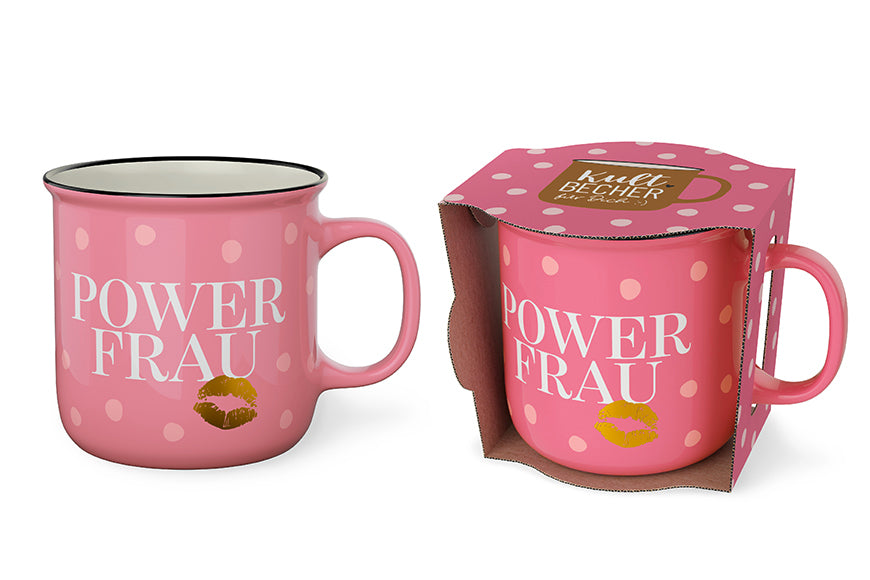 Kultbecher mit Aufschrift „Power Frau“ von Geschenk für Dich – rosa Becher aus New Bone China mit beidseitigem Motiv