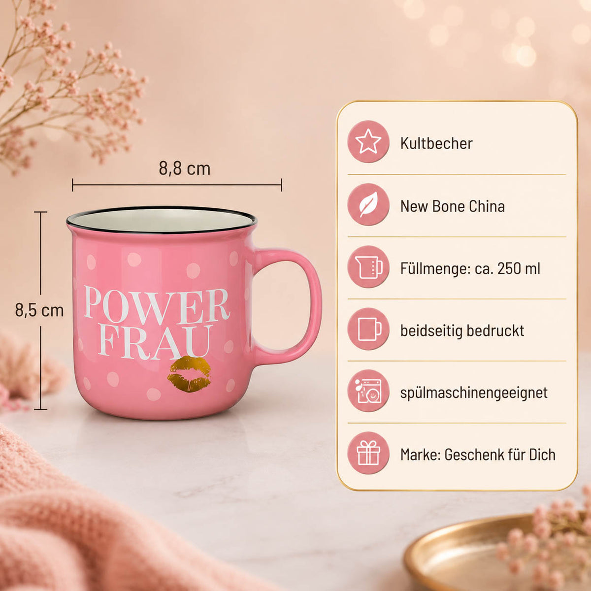Kultbecher Power Frau – Highlights: New Bone China, 250 ml, Höhe 85 mm, Durchmesser 88 mm, schwarzer Rand im Retro-Look, beidseitig bedruckt