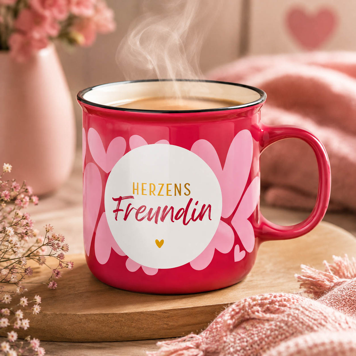 Kultbecher „Herzens Freundin“ in Pink mit rosa Herzen, stimmungsvoll auf Holzbrett mit Schleierkraut – Geschenk für Dich