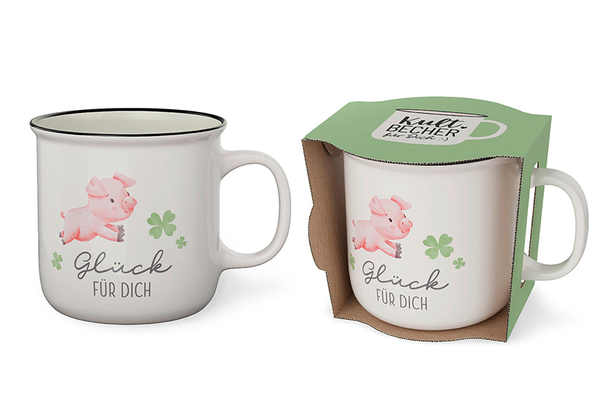 Kultbecher „Glück für Dich“ von Geschenk für Dich – weißer Becher aus New Bone China mit Glücksschweinchen & Kleeblättern über dem Spruch