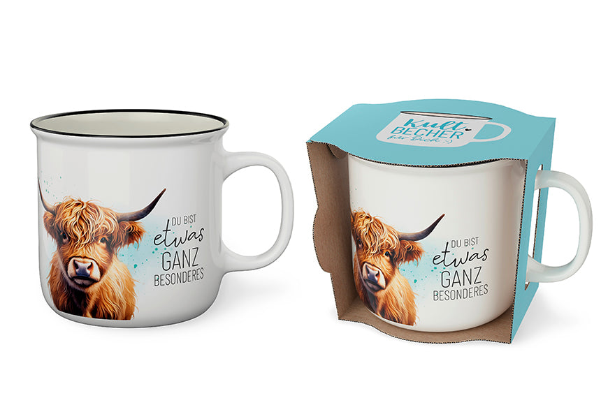 Kultbecher von Geschenk für Dich mit Hochlandrind Motiv mit Spruch „Du bist etwas ganz Besonderes“ aus New Bone China Becher