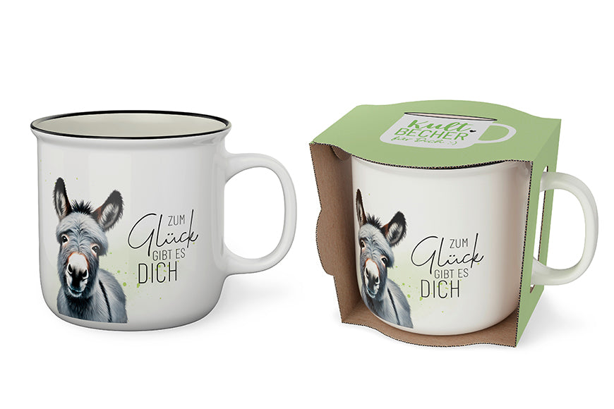 Kultbecher von Geschenk für Dich – Becher aus New Bone China mit Spruch „Zum Glück gibt es Dich“ & Esel-Motiv