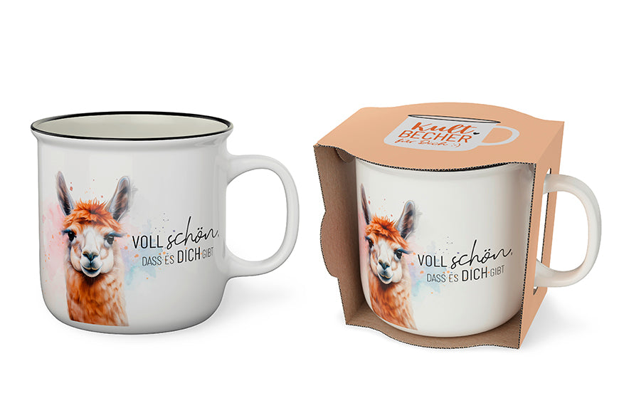 Kultbecher von Geschenk für Dich aus New-Bone-China-Porzellan mit süßem Alpaka Motiv & Spruch „Voll schön, dass es Dich gibt“, beidseitig bedruckt.