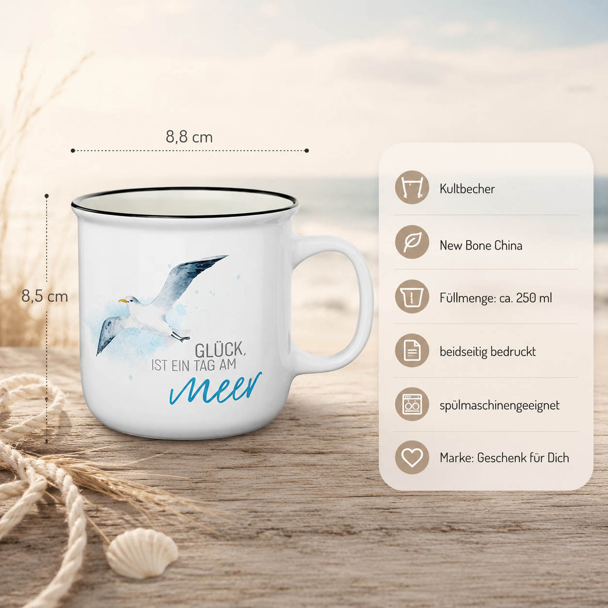 Hellblaue Geschenkverpackung „Kult-Becher für Dich“ mit offener Front, Becher sichtbar