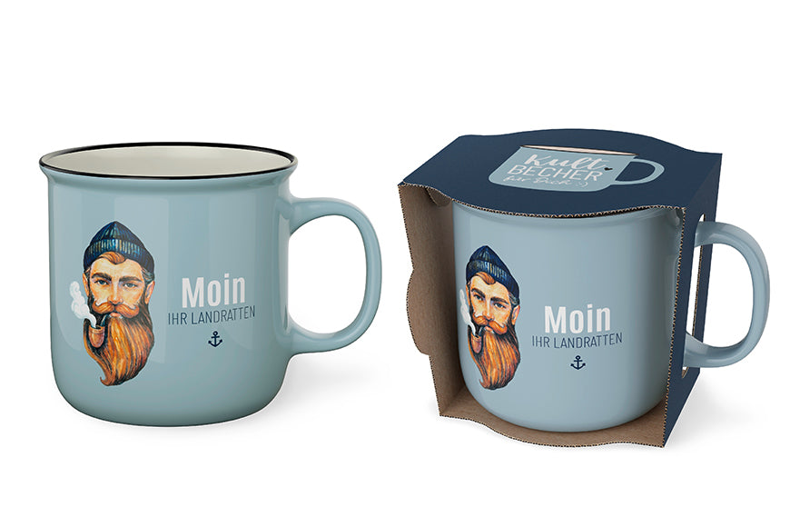 Maritimer Kultbecher „Moin Ihr Landratten“ von Geschenk für Dich – blauer New-Bone-China-Becher mit Seemann, beidseitig bedruckt
