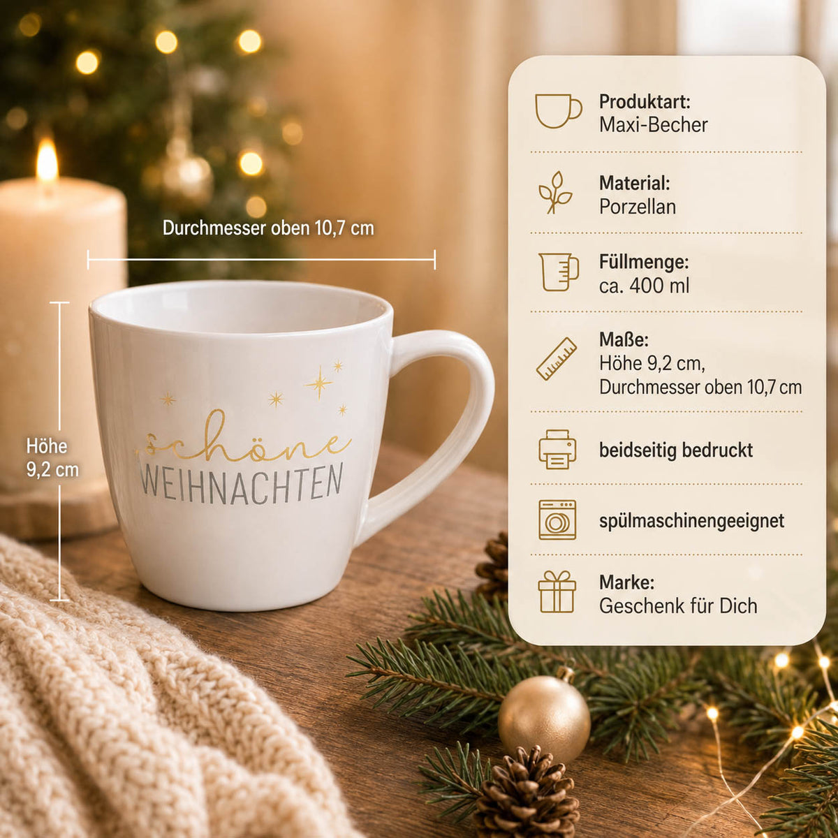 Maxi Becher „Schöne Weihnachten" Cosy – Porzellan, 400 ml, spülmaschinengeeignet