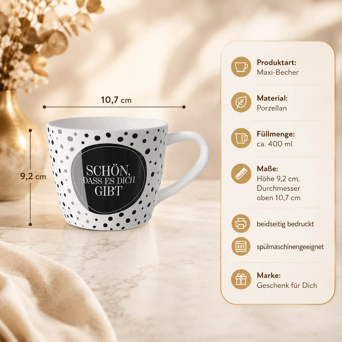 Maxi Becher „Schön, dass es Dich gibt" Salt & Pepper – Porzellan, 400 ml, spülmaschinengeeignet