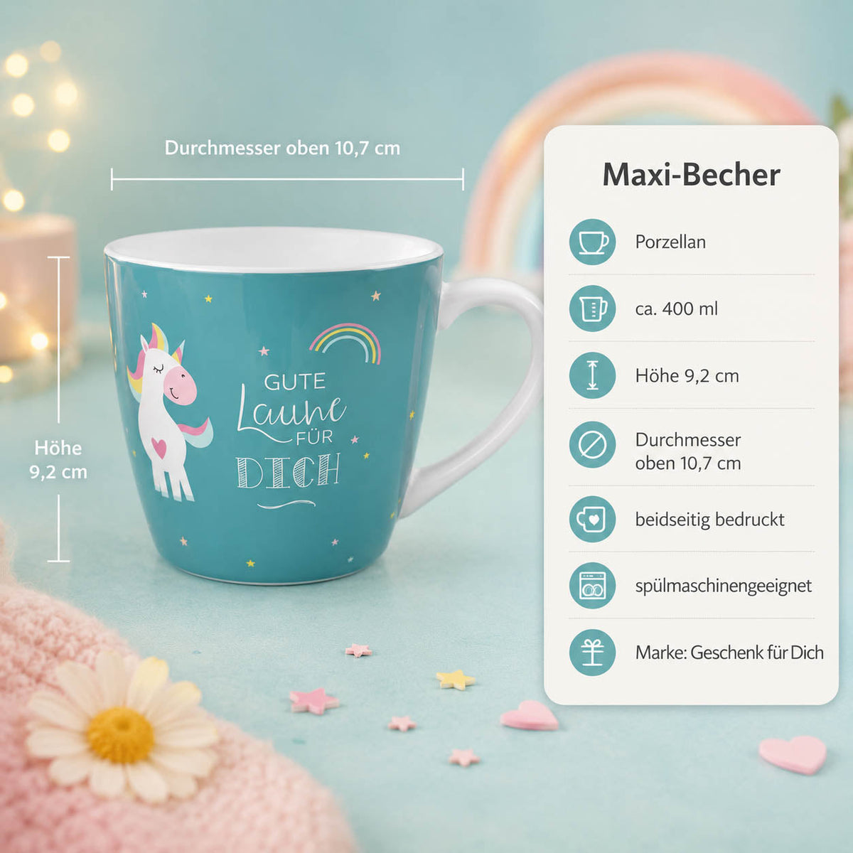 Maxi Becher „Gute Laune für Dich" Einhorn – Porzellan, 400 ml, spülmaschinengeeignet