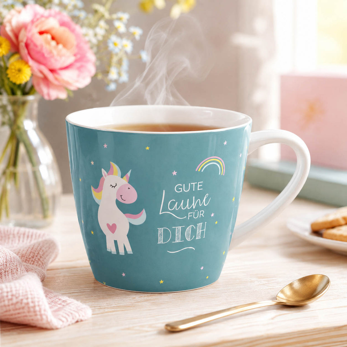 Maxi Becher „Gute Laune für Dich" mit Einhorn – große Tasse im Alltag