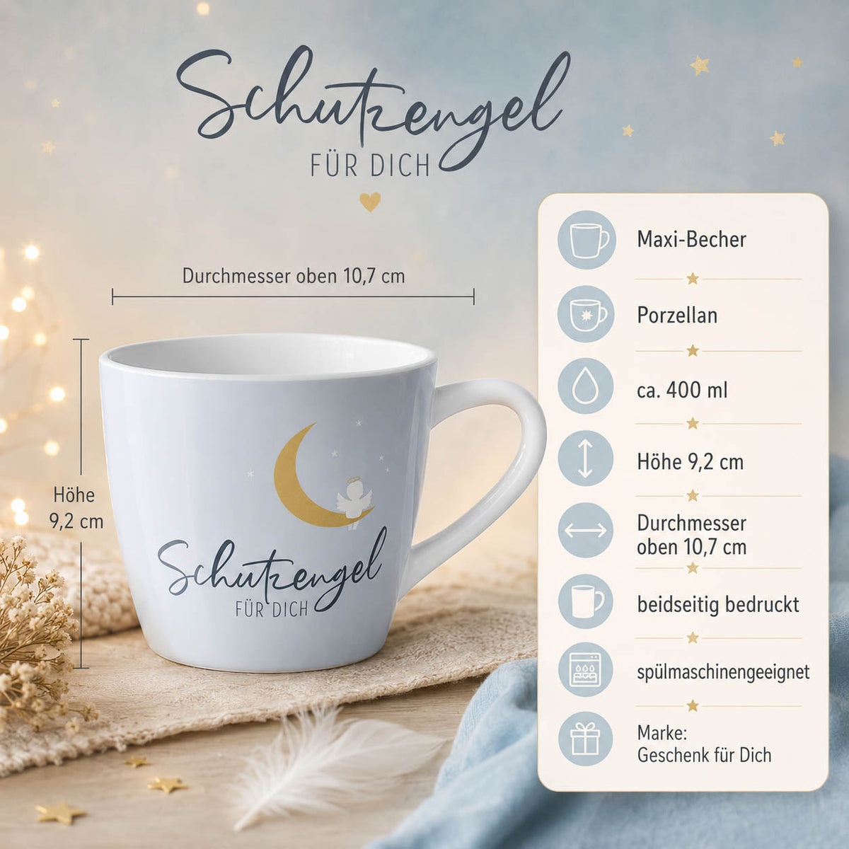 Maxi Becher „Schutzengel für Dich" Engel auf Mond – Porzellan, 400 ml, spülmaschinengeeignet