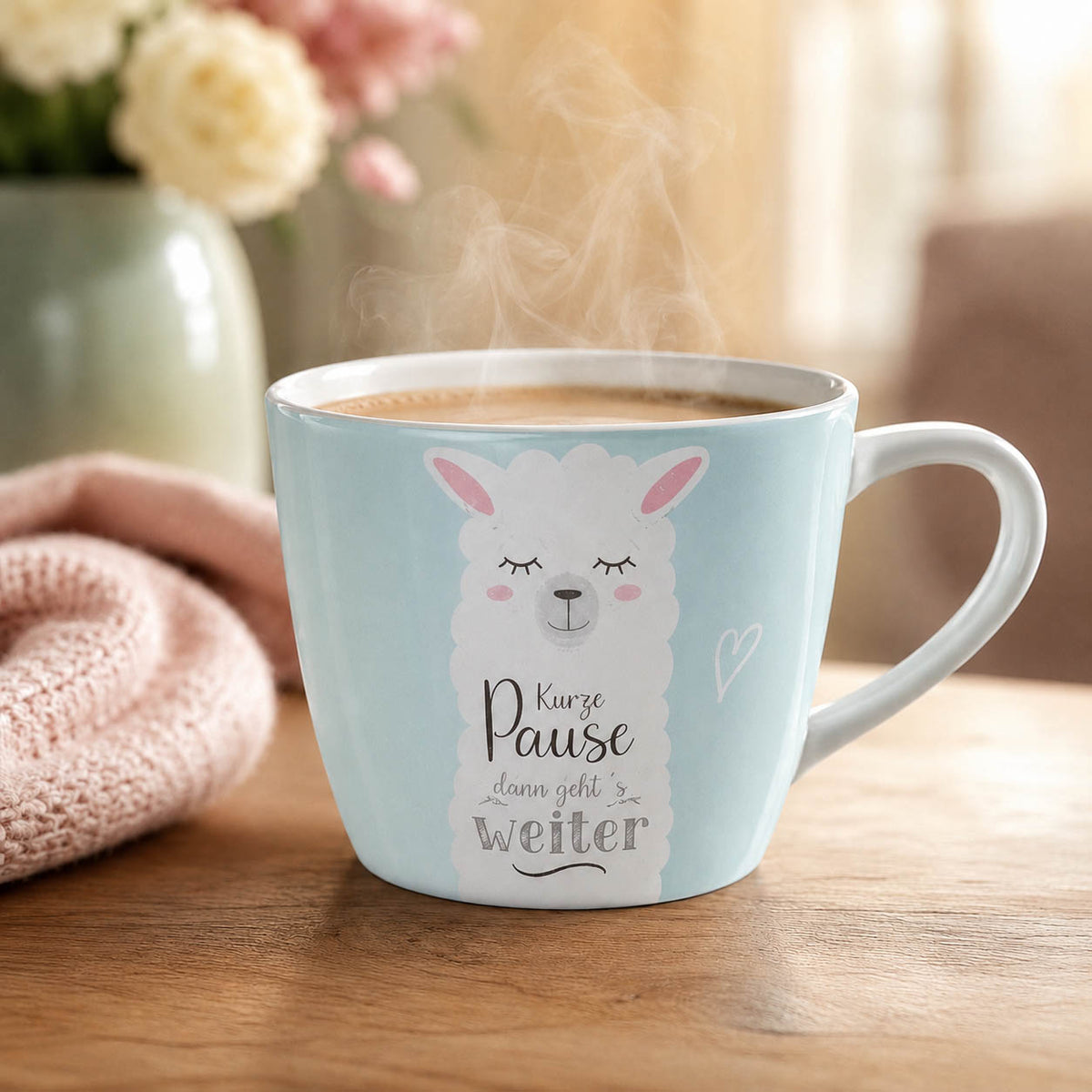 Maxi Becher „Kurze Pause, dann geht´s weiter" mit Lama – große Tasse im Alltag