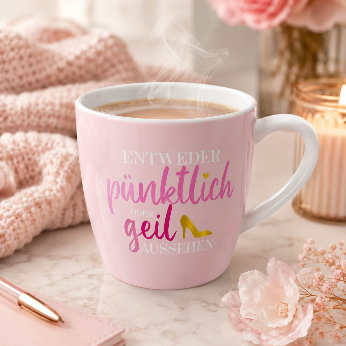 Maxi Becher „Entweder pünktlich oder geil aussehen" – große Tasse im Alltag