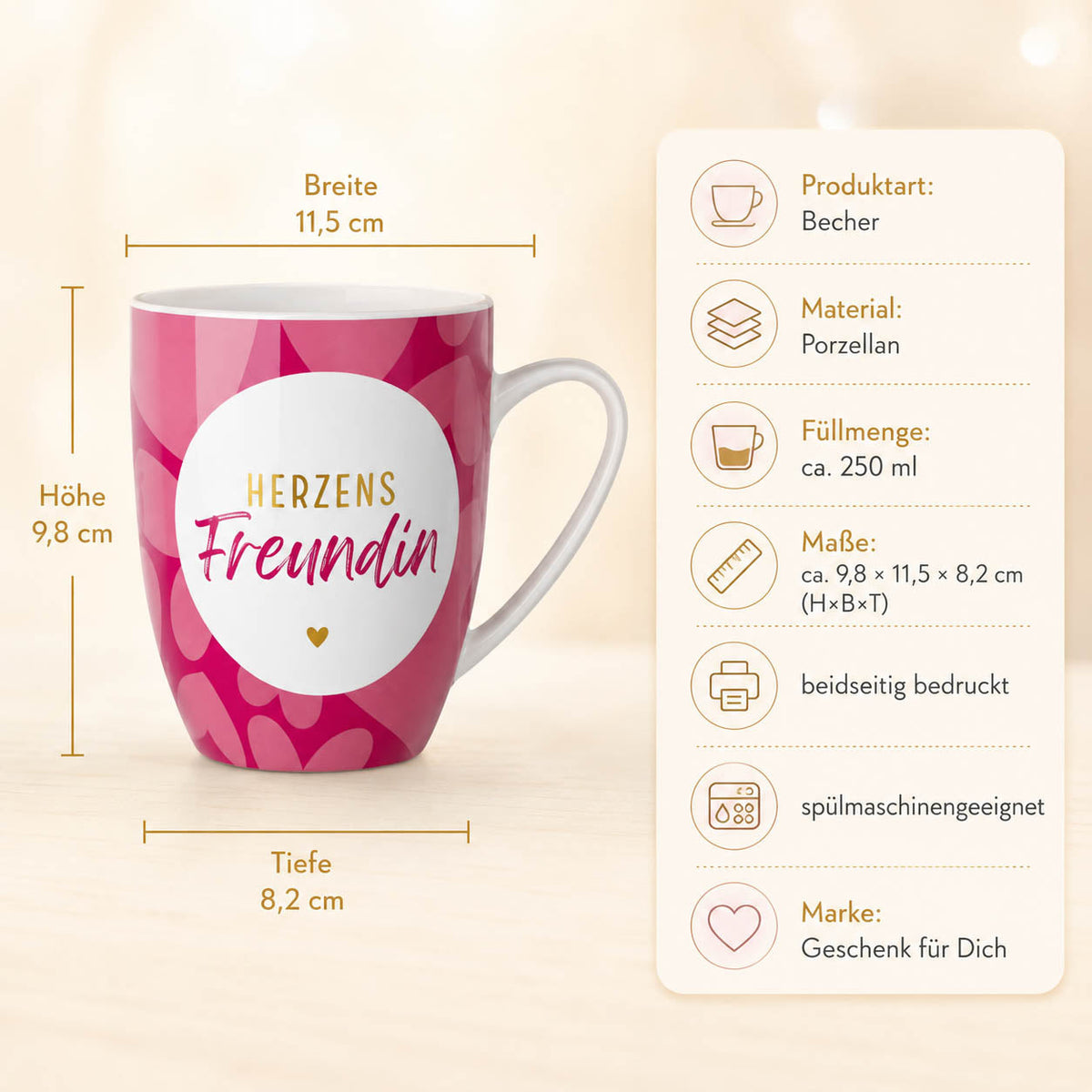 Tasse „Herzens Freundin“ – Porzellan, 250 ml, ca. 9,8 × 11,5 × 8,2 cm, beidseitig bedruckt, spülmaschinengeeignet
