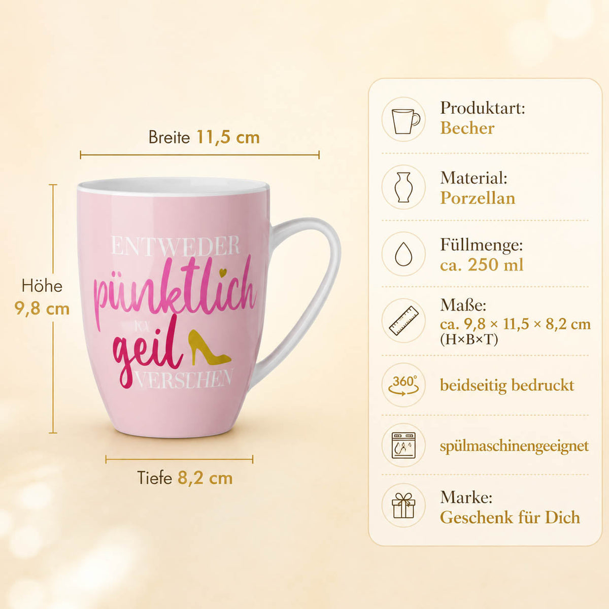 Tasse „Entweder pünktlich oder geil aussehen“ – Porzellan, 250 ml, ca. 9,8 × 11,5 × 8,2 cm, beidseitig bedruckt, spülmaschinengeeignet