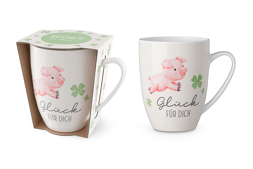 Becher „Glück für Dich“ von Geschenk für Dich – fröhlicher Becher mit Glücksschweinchen & Kleeblattmotiv