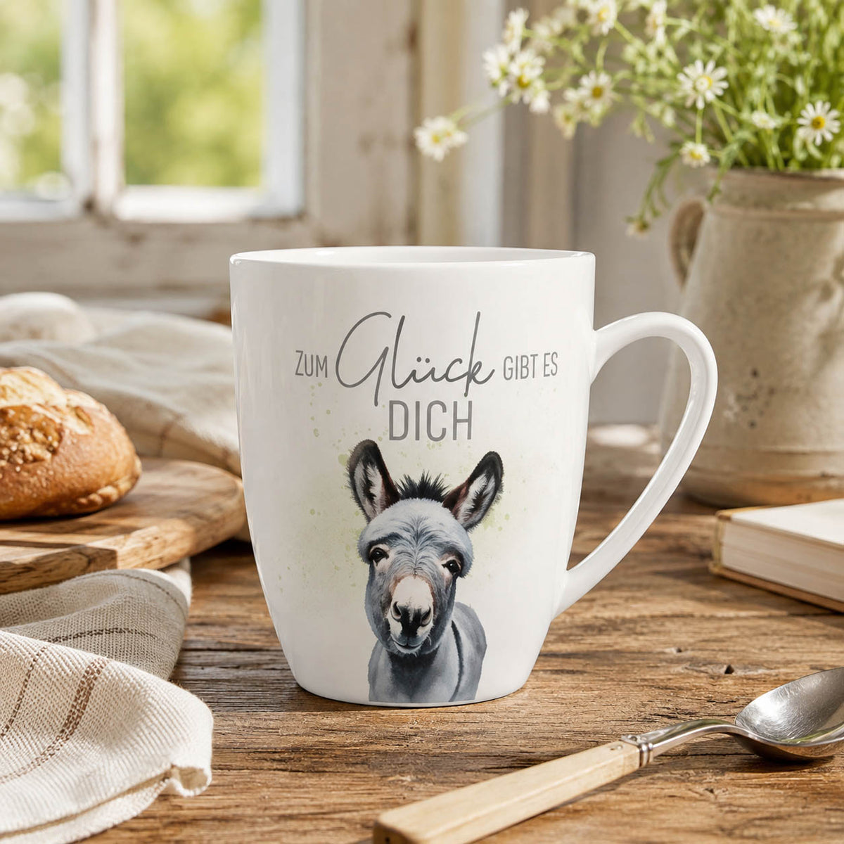 Becher „Zum Glück gibt es Dich“ mit Esel-Motiv von Geschenk für Dich