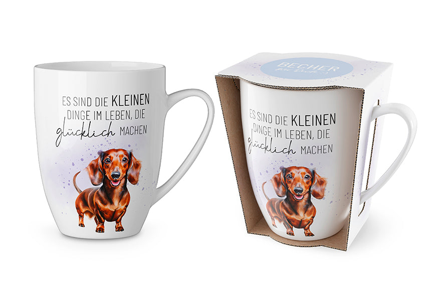 Porzellan Becher – Dackel „Es sind die kleinen Dinge, die glücklich machen“
beidseitiger Druck, süßes Hundemotiv. Ein Becher voller Glück