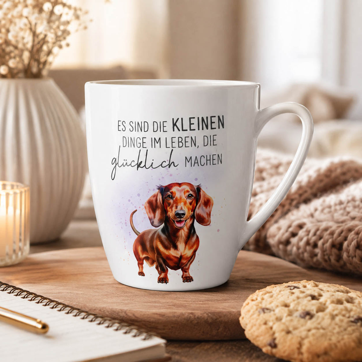 Becher „Es sind die kleinen Dinge im Leben, die glücklich machen“ mit Dackel-Motiv von Geschenk für Dich