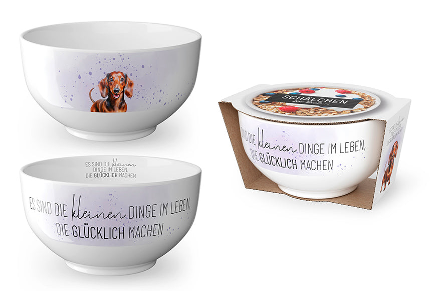 Porzellan Schälchen mit Spruch „Es sind die kleinen Dinge im Leben, die uns glücklich machen“ und süßem Dackel Motiv von Geschenk für Dich