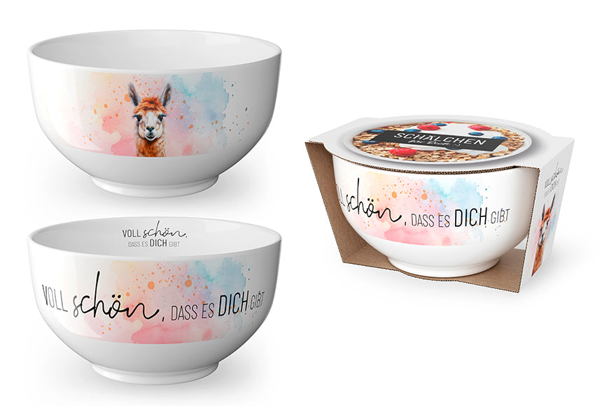 Porzellan-Schälchen mit süßem Alpaka Motiv und Spruch „Voll schön, dass es Dich gibt“ von Geschenk für Dich