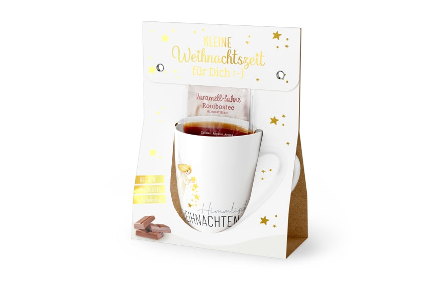 Geschenkset „Kleine Auszeit – Himmlische Weihnachten“ von Geschenk für Dich: Becher, Tee & Schokolade mit Engel Motiv
