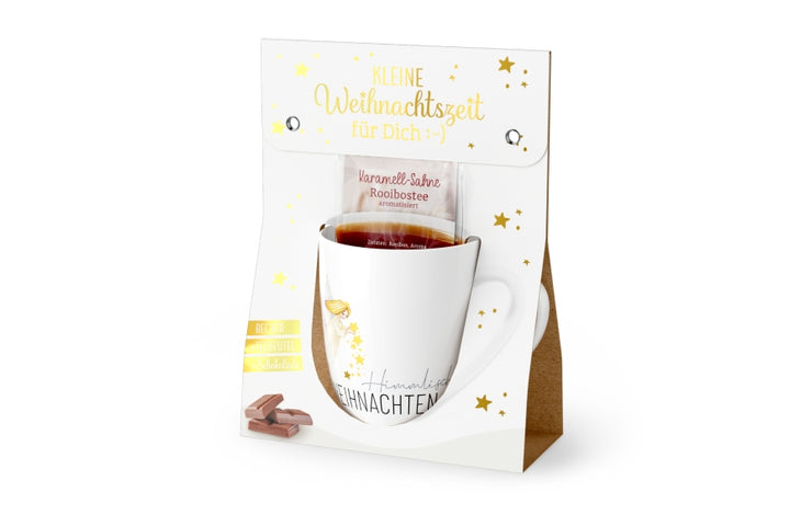 Geschenkset „Kleine Auszeit – Himmlische Weihnachten“ von Geschenk für Dich: Becher, Tee & Schokolade mit Engel Motiv