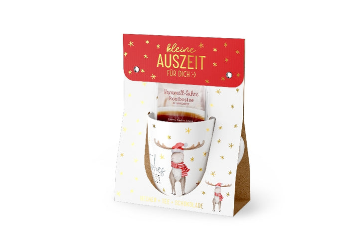 Geschenkset „Kleine Auszeit – Frohes Fest“ von Geschenk für Dich: Becher, Tee & Schokolade mit Weihnachts-Elch Motiv