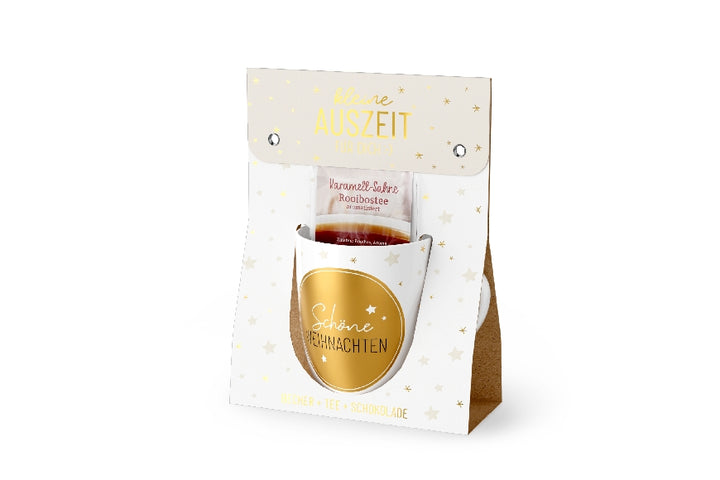 Geschenkset „Kleine Auszeit – Schöne Weihnachten“ von Geschenk für Dich: Becher, Tee & Schokolade