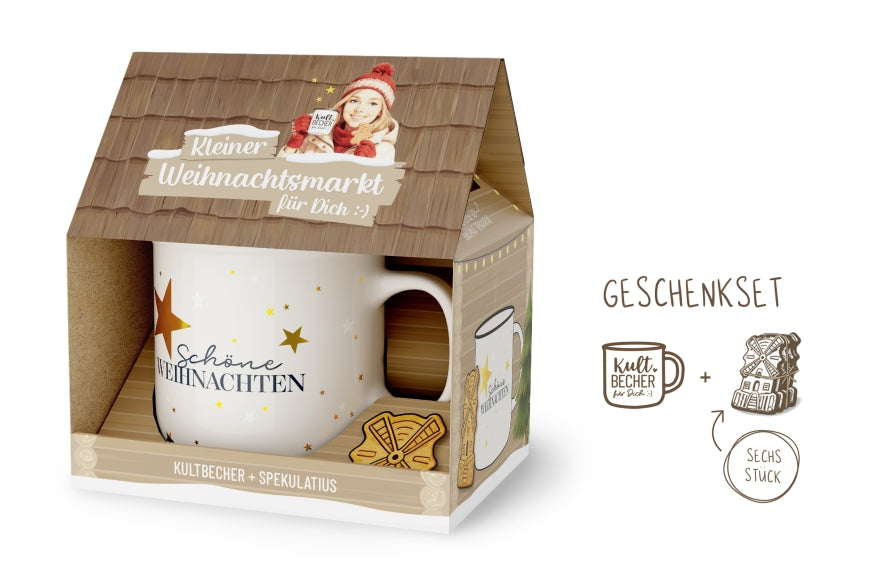 Kleiner Weihnachtsmarkt Geschenkset Schöne Weihnachten – Kultbecher Cremeweiß mit Sternen + Spekulatius im Haus-Design
