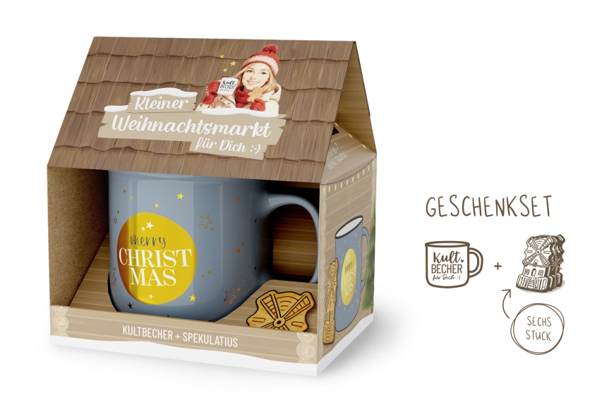 Kleiner Weihnachtsmarkt Geschenkset Merry Christmas – Kultbecher Blaugrau mit goldenem Kreis + Spekulatius im Haus-Design
