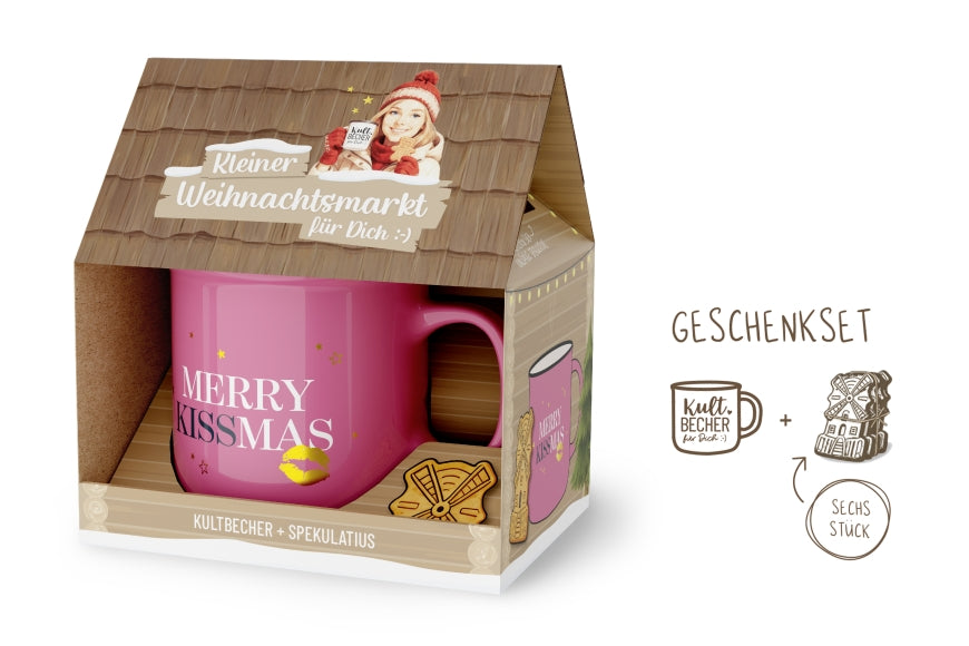 Kleiner Weihnachtsmarkt Merry Kissmas Set im Haus-Design mit rosa Kultbecher und Spekulatius – Geschenk für Dich