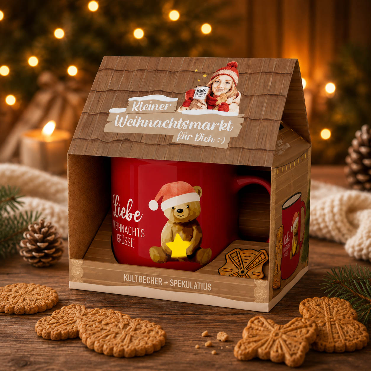 Roter Kultbecher Liebe Weihnachtsgrüße mit Teddybär und Spekulatius auf gemütlich gedecktem Weihnachtstisch