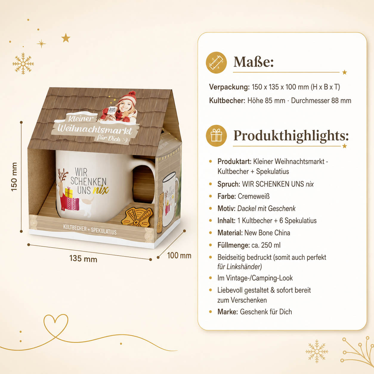 Infografik Kleiner Weihnachtsmarkt Wir schenken uns nix – Maße und Highlights: Becher 250 ml New Bone China, 6 Spekulatius, beidseitig bedruckt