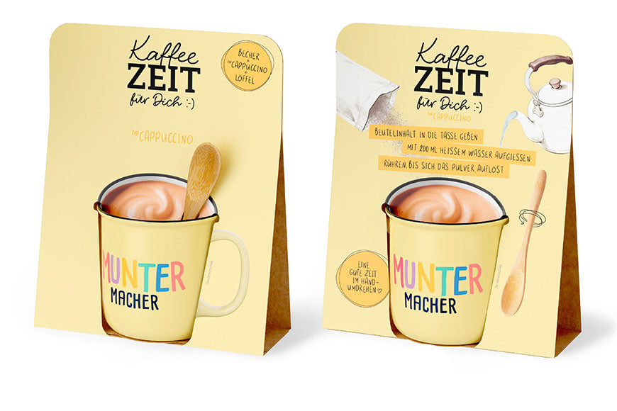 Kaffeezeit für Dich „Muntermacher“ Gelb – Geschenkset mit Kultbecher, Cappuccino & Bambuslöffel
