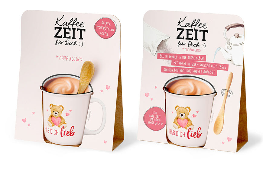 Kaffeezeit für Dich „Hab dich lieb“ Teddybär – Geschenkset mit Kultbecher, Cappuccino & Bambuslöffel
