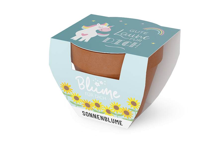 980582980589 Geschnek für Dich Sonnenblume im Topf, Motiv Einhorn Aufschrift Gute Laune für Dich, Geschenkidee