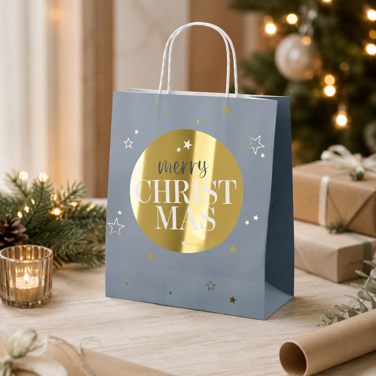 Geschenktüte Merry Christmas Blaugrau stimmungsvoll – Geschenk für Dich