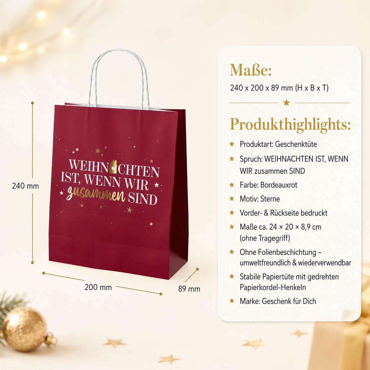 Geschenktüte Weihnachten zusammen sind – Maße und Produkthighlights, Papier ohne Folienbeschichtung