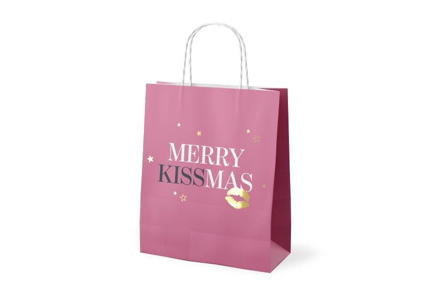 Geschenktüte Merry Kissmas aus Papier in Rosa mit goldenem Kussmund und Sternen, 24 × 20 × 8,9 cm – Geschenk für Dich