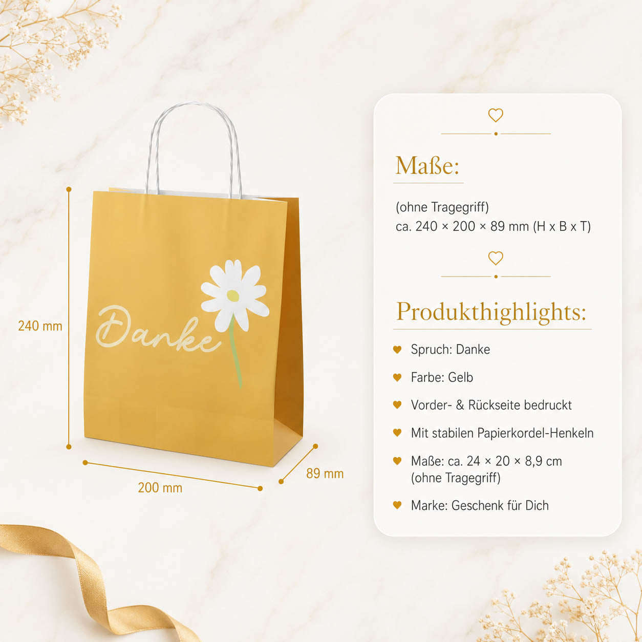 Geschenktüte „Danke“ Orange mit Margerite – Geschenk für Dich (Highlight)