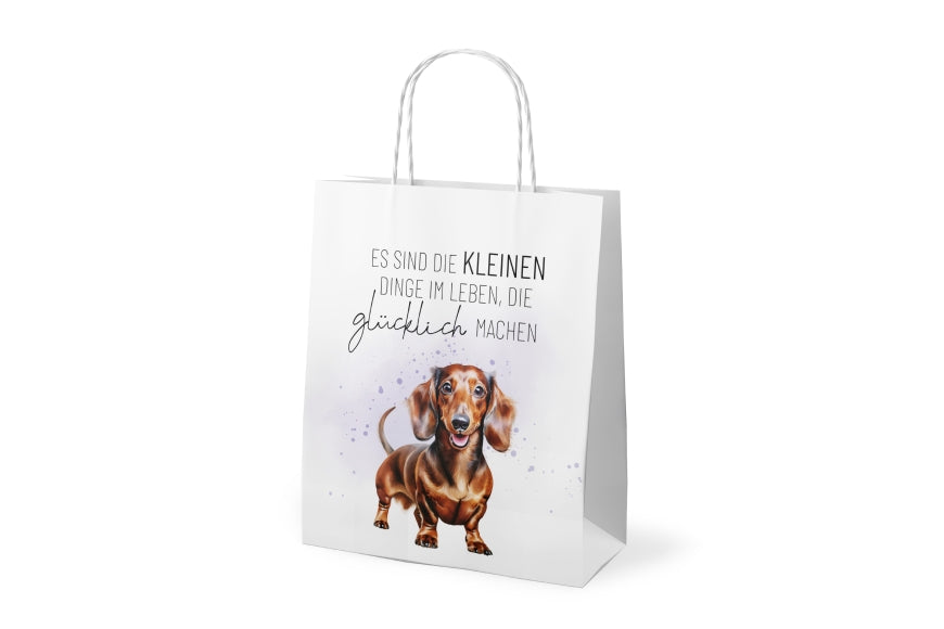 Geschenktüte „Es sind die kleinen Dinge im Leben, die glücklich machen“ mit süßem Dackel-Motiv von Geschenk für Dich