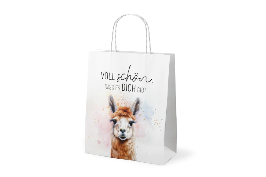 Geschenktüte „Voll schön, dass es Dich gibt“ mit süßem Alpaka-Motiv von Geschenk für Dich