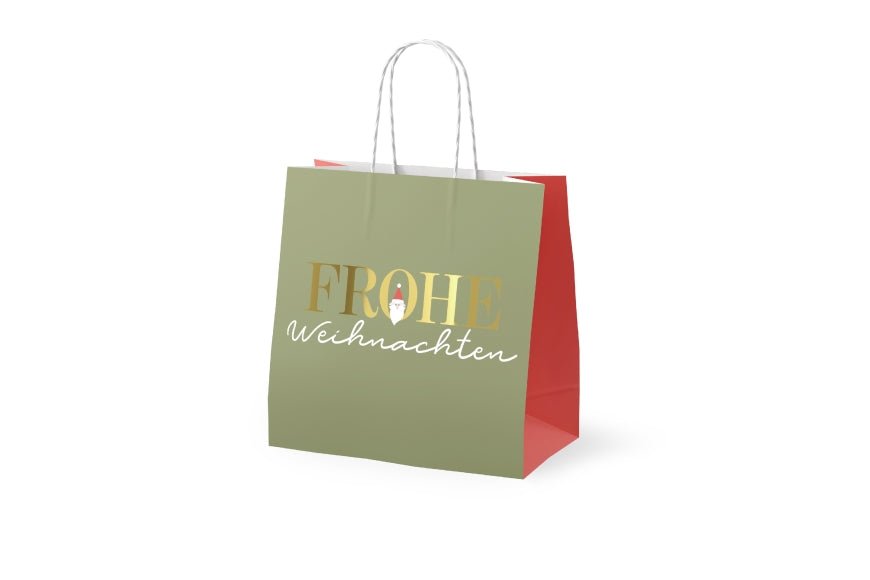 Mini-Geschenktüte Frohe Weihnachten in Olivgrün mit Wichtel, Papier 15 x 15 x 8 cm – Geschenk für Dich