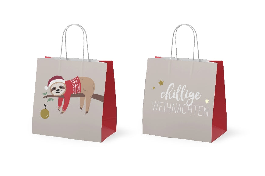 Geschenk für Dich Geschenktüte klein mit süßen Weihnachts-Faultier-Motiv und der Aufschrift „Chillige Weihnachten“