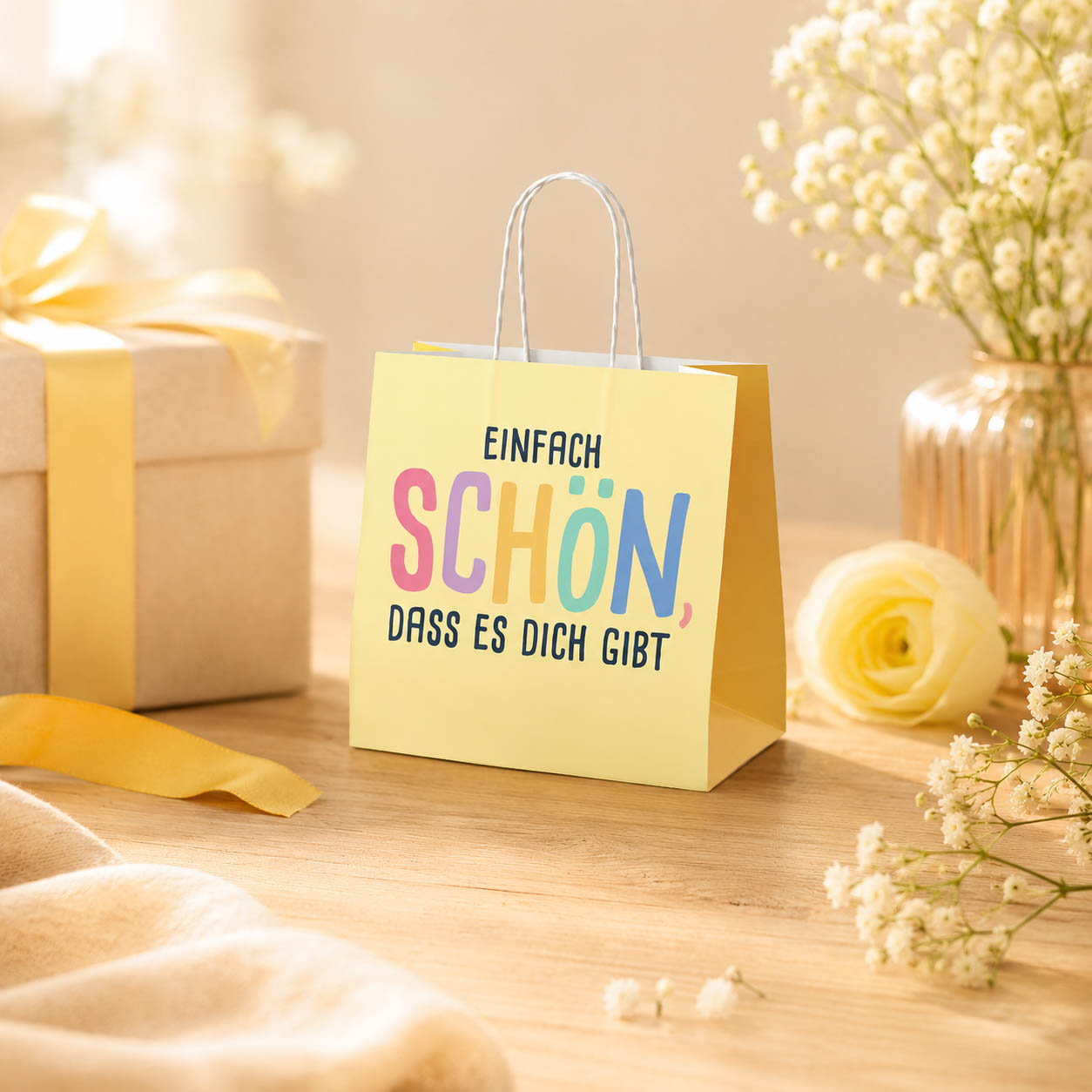 Mini Geschenktüte „Einfach schön, dass es Dich gibt“ Gelb – Geschenk für Dich (Moodbild)