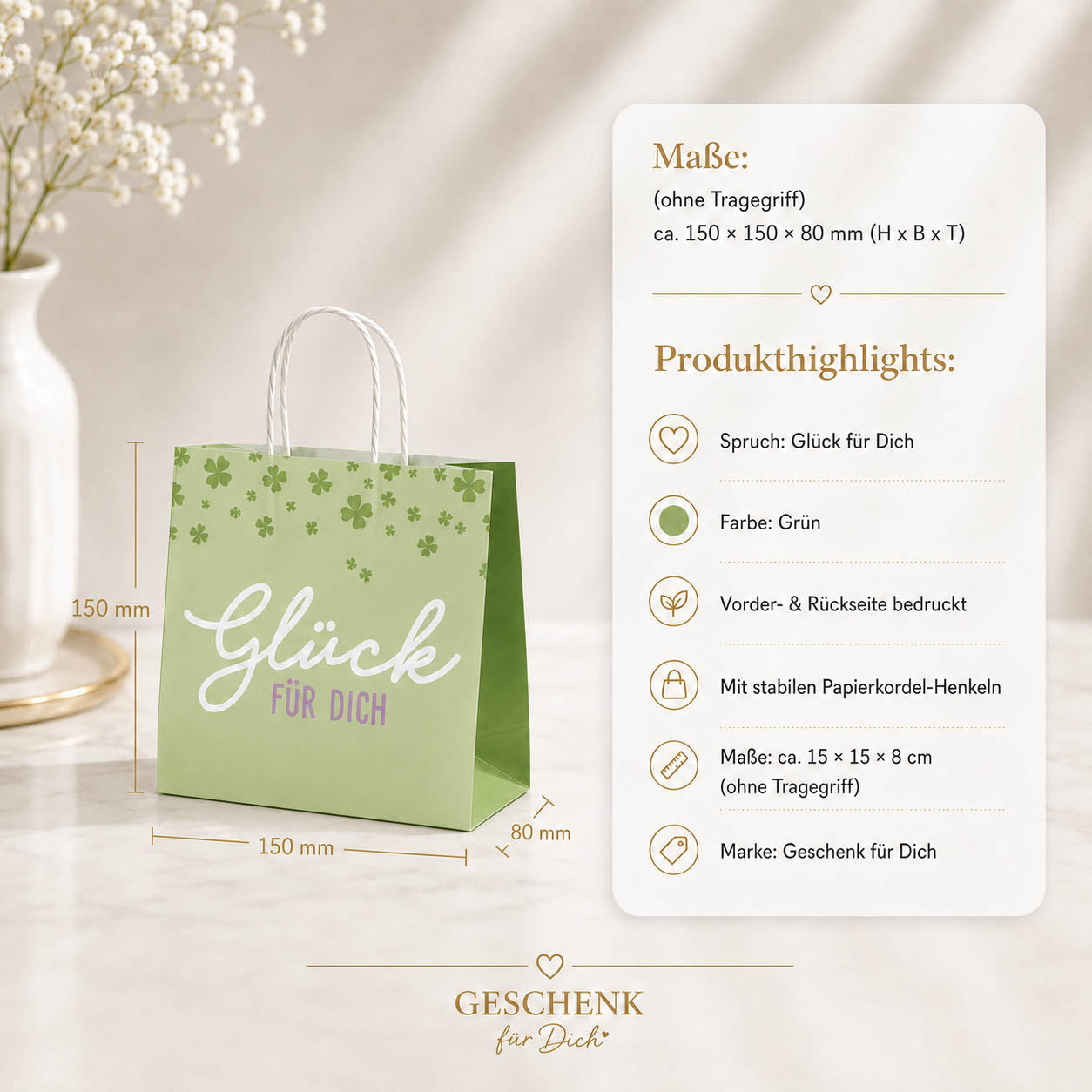 Mini Geschenktüte „Glück für Dich“ Grün mit Kleeblatt – Geschenk für Dich (Highlight)