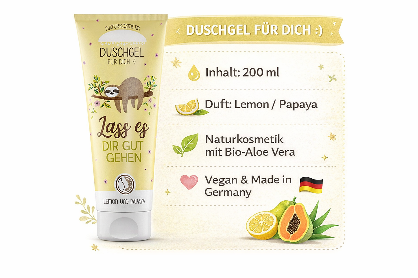 Naturkosmetik Duschgel mit Faultier-Motiv & Spruch „Lass es Dir gut gehen“ - Produktinfo
